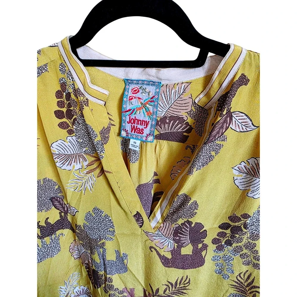 Johnny Was XS Yellow Taly Astrid Jungle Silk Safari Animal Print Tunic Blouse